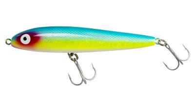 Rebel Jumpin' Minnow Lure - Half Beak fishing lure with a turquoise blue back, silver-white sides, chartreuse yellow belly, red head accent, large white eye, and two silver-colored treble hooks attached to the underside and tail.