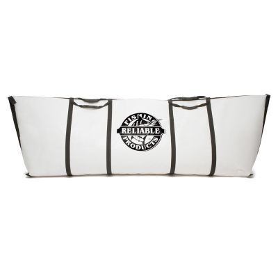 Reliable Fishing Products Bluefin/Big Eye Insulated Kill Bag 30x90 white insulated fish bag with black straps and handles, featuring a front logo and top zipper closure.