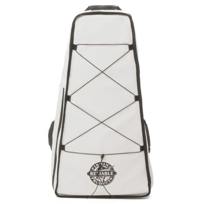 Reliable Fishing Products Kayak Fish Bag 20x36 white insulated fish bag with black trim, top handle, front logo, and bungee cord lacing on the front panel.
