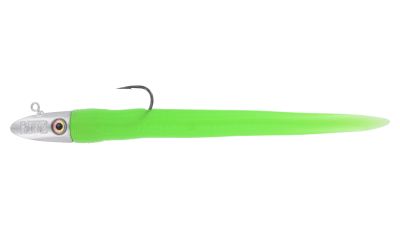 RonZ Big Game Series Medium Heavy Duty Lure - Green Glow soft plastic fishing lure with a bright green ribbed body, silver-colored jig head, single hook, and visible text "RonZ" on the head.