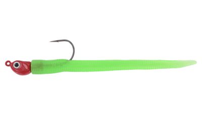 RonZ Shallow Water Series Lure - Green Glow - Red Head soft plastic fishing lure with a bright green body, red jig head, bronze-colored hook, and black eye detail.