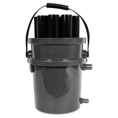 R&R Tackle Live Bait Bucket in gray with black handle, fitted with multiple black tubes on top for bait separation, side hose connectors, and YETI logo faintly visible on the bucket.