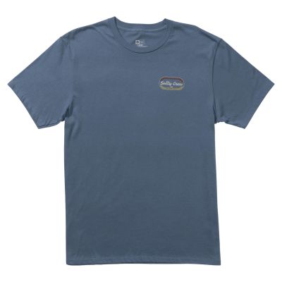 Salty Crew Capsule T-shirts - Slate - Front View - Short-sleeve t-shirt with a small oval graphic that reads “Find Refuge In The Sea” with "Salty Crew" in the middle in red, blue, and yellow bands.