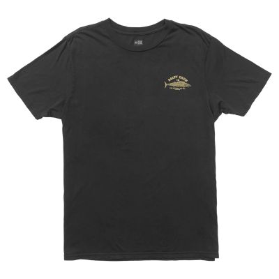 Salty Crew Wahoo Stamp Vintage T-shirt - Black - Front View -  Short-sleeve t-shirt with a small tan graphic of a wahoo with text reading “Salty Crew,” “Find Refuge In The Sea,” and “Sink/Swim” in bold uppercase letters.