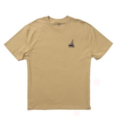 Salty Crew Vessel Classic Tee - Khaki - Front view of tan short-sleeve T-shirt with small graphic of a fishing boat above “Salty Crew” text on the left chest.