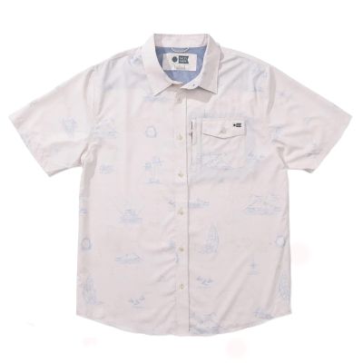 Salty Crew Helmsman UV Button Up - Oyster - Front view of short-sleeve button-up shirt with subtle blue island-themed print. Features buttoned chest pocket, branded tag, and Salty Crew label inside collar.
