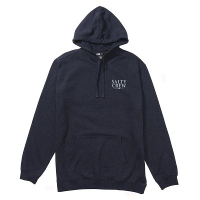 Salty Crew Yellowfin Fleece Hoodie - Navy/Heather - Pullover hoodie with front kangaroo pocket, drawstring hood, and white “Salty Crew” logo printed on the chest.

