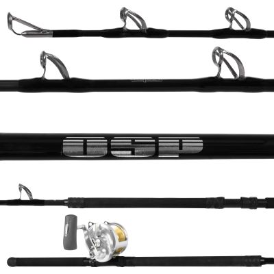 Seeker OSP Offshore Pro & Shimano Talica A Rail Rod Combo - OSP-2X4 & TAC50IIA showing all sections of rod with silver and gold-colored reel on black reel seat, with black handles, blank and silver-colored guides