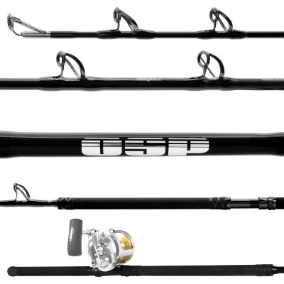 Seeker OSP-4X Offshore Pro & Shimano Talica 50IIA Rail Rod Combo. Glossy black rod with upward-facing silver-colored guides, bold white &ldquo;OSP&rdquo; logo, smooth black handle, and silver and gold Talica 50IIA reel.