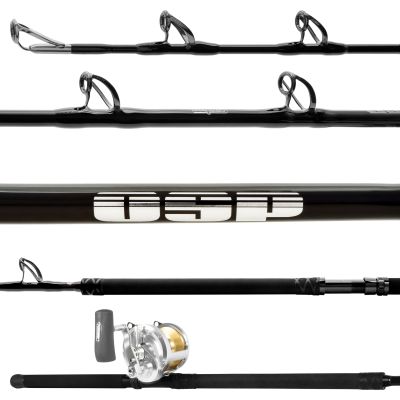 Seeker OSP-4X Offshore Pro & Shimano Talica 50IIA Rail Rod Combo. Glossy black rod with upward-facing silver-colored guides, bold white “OSP” logo, smooth black handle, and silver and gold Talica 50IIA reel.