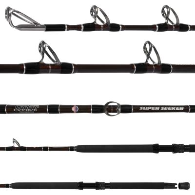 Seeker Super Seeker Jig & Live Bait conventional fishing rod shown in multiple sections, featuring dark brown blank with decorative wraps, metal line guides, and a black foam grip handle with reel seat.