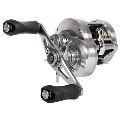 Shimano Calcutta Conquest DC200XGA Baitcasting Reel 3/4 handle side view showing the round silver reel body, dual paddle handle, and exposed spool assembly on a white background.
