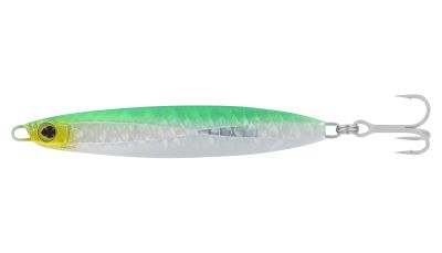 Shimano Current Sniper Jig, A Green Mackerel color, elongated metal jig with green-backed and silver body finish, iridescent patterned scale texture, single assist hook at head, and silver treble hook at tail.