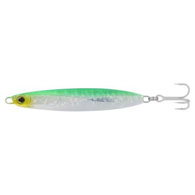 Shimano Current Sniper Jig, A Green Mackerel color, elongated metal jig with green-backed and silver body finish, iridescent patterned scale texture, single assist hook at head, and silver treble hook at tail.