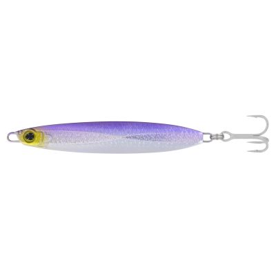 Shimano Current Sniper Jig, S Back Purple color, elongated metal jig with purple-backed and silver body finish, iridescent patterned scale texture, single assist hook at head, and silver treble hook at tail.