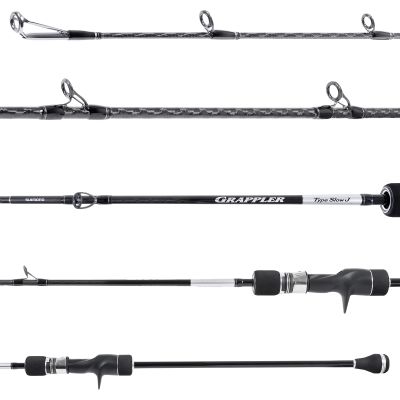 Shimano Grappler Type Slow J GRPSJC66MLA Jigging Rod sections. Displ;aying handle, reel seat, guides, and carbon fiber pattern on the blank. The rod is black with silver and white accents. Text on the branding detail reads 'Shimano,' 'Grappler,' and 'Type