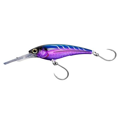 Shimano Ledge Runner 200mm Sinking Lure in Amethyst color. Lure is purple and blue in color with white stripes facing the left with a clear bib and yellow eye. Lure features twin single hooks, one on bottom and one on back.