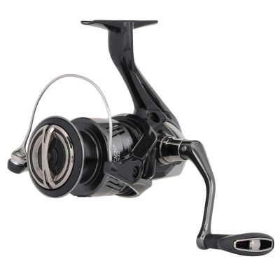 Shimano Miravel 4000XGA Spinning Reel shown in an angled view with a black reel body, large spool, folding bail, and single handle on a white background.