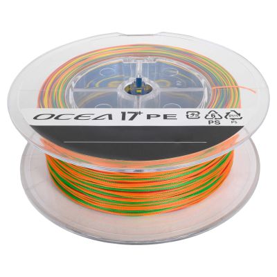 Shimano Ocea 17+ Hollow Core Braided Line, spool of multicolored braided fishing line with orange, green, yellow, blue, and red sections in a clear plastic container labeled text "OCEA 17+ PE" in black-colored text.