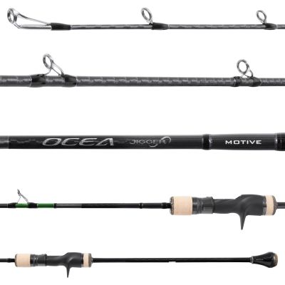 Shimano Ocea Jigger Infinity Motive OJMC610H Jigging Rod. Center branding detail section text, Ocea Jigger Motive. Rod section near first guide is green.