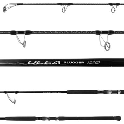 Shimano Ocea Plugger OPBGS710XHA Spinning Rod shown in multiple sections with black blank, line guides, and foam grip handle displayed against a plain background.
