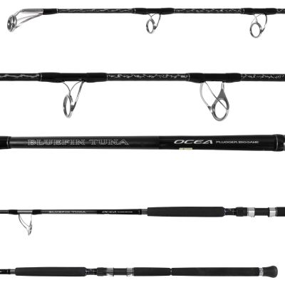 Shimano Ocea Plugger OPBGS70XXXH Big Game Casting/Popping Spinning Rod showing all sections. Black handle with a black and silver-colored reel seat. Black reflective blank with black wrappings and gray guides facing down