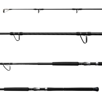 Shimano Ocea Plugger BG A Spinning Rod, multi-view layout showing black rod blank with guides facing down, silver-colored guide frames, black reel seat, black textured grip sections, and black butt cap.