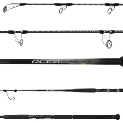 Shimano Ocea Plugger Limited OPLS83H spinning rod with black patterned blank, silver colored guides facing down, OCEA PLUGGER LIMITED text, black EVA foam split grip, and black reel seat.