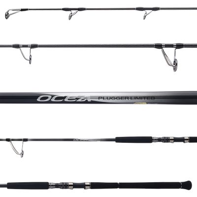 Shimano Ocea Plugger Limited Spinning Rod with black blank, silver branding text, and down-facing guides. Features black EVA split grip handle and silver-colored reel seat with dark accents.