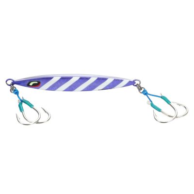 Shimano Ocea Sardine Waver Sinking Jig 130g-250g Rigged with a striped body, assist hooks attached at both ends, and a streamlined jig profile shown in side view.