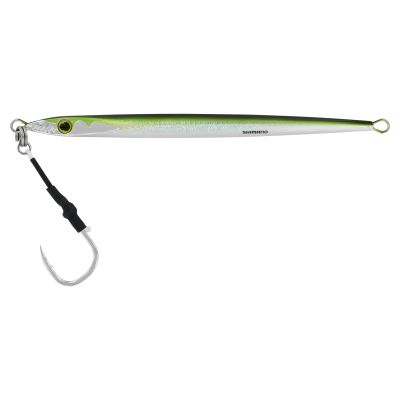 Shimano Ocea Speed Slasher Sinking Jig in S Sandeel color with a long, slim metal body, black top, green sides, silver underside, and a single assist hook attached at the front.