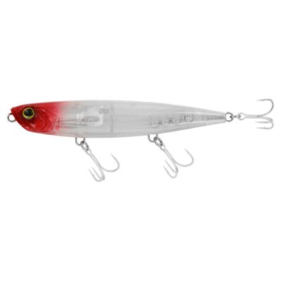 Shimano Ocellus Pencil 85F in ST Red Head with a translucent silver body, bright red head, large eye, and two silver treble hooks.