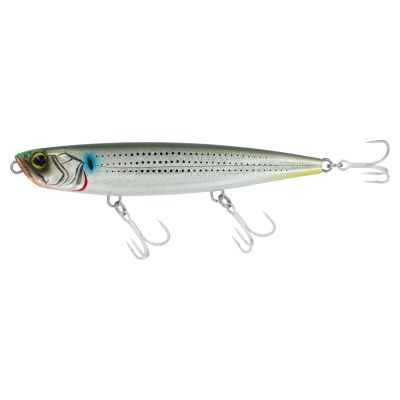 Shimano Ocellus Pencil 130F Rattle in S Mullet with a silver body, dark green back, black spotted pattern, blue accent near the head, and three silver treble hooks.
