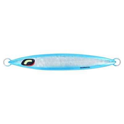 Shimano Ocea Sardine Waver Sinking Jig in The Purist color pattern featuring a bright metallic silver body with a light blue outline, scale texture, and an eye design near the top. Shimano logo is shown on bottom right.