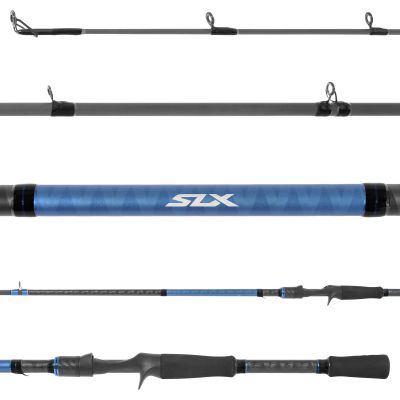 Shimano SLX A Casting Rod SLXC70MHA - Black X-patterned blank with metallic blue wrappings and dark gray guides facing up with black wrappings. "SLX" in white on blue X-patterned branding section. Black EVA split grip with black trigger reel seat.
