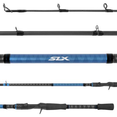 Shimano SLX A Glass Casting Rod - SLXC70MGA - Black X-patterned blank with metallic blue wrappings and black guides facing up with black wrappings. "SLX" in white on blue X-patterned branding section. Black EVA split grip with black trigger reel seat.