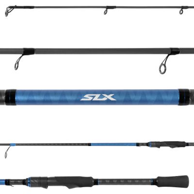 Shimano SLX A Spinning Rod - SLXS70MHA - Black X-patterned blank with metallic blue wrappings and black guides facing down with black wrappings. "SLX" in white on blue X-patterned branding section. Black EVA grip with black reel seat.