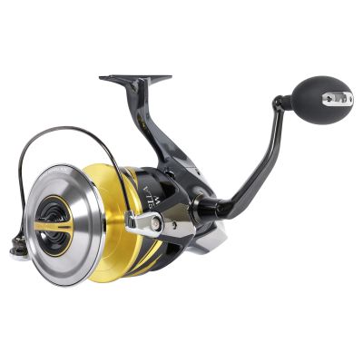 Shimano Stella SW D STLSW30000PGD spinning reel shown in an angled side view with a gold and silver spool, black body, bail arm, and handle knob.