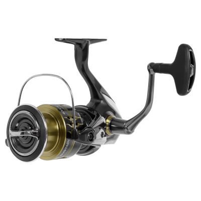 Shimano Sustain FK 4000XG Spinning Reel with a black and silver body, gold colored spool, and ergonomic black handle. SUSTAIN text visible on the spool edge; open bail arm shown.