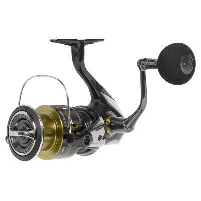 Shimano Sustain FK C5000XG spinning reel with black and silver body, gold spool labeled SUSTAIN and C5000XG, silver bail arm, right-side handle with black round knob.