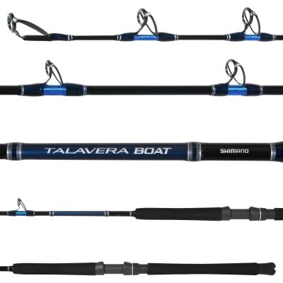 Shimano Talavera TEC70HC Boat Casting Rod showing all sections, including black handle, gray reel seat, black and blue blank with blue wrappings, and dark gray guides facing up.