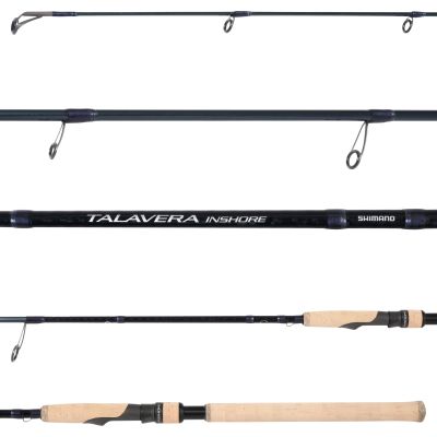 Shimano Talavera Inshore TESIS70MHD spinning rod shown from multiple angles with line guides, blank, and cork handle.