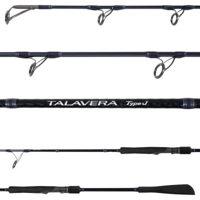 Shimano Talavera Type J TTJS60MHA Jigging Spinning Rod shown in multiple close-up views highlighting the rod blank, line guides, branding, spinning reel seat, and rear grip.