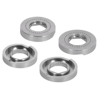Shimano Talica A Mono Cams &ndash; Set of four silver-colored circular cam discs with hexagonal center holes; two have fine outer perforations, and two feature deep grooves and notches.
