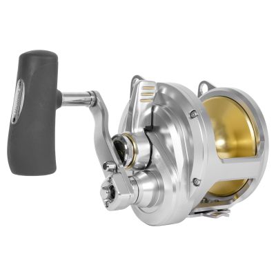 Shimano Talica 40IIA 2-Speed Lever Drag Conventional Reel with silver-colored body, gold-colored spool, large black handle grip, and dual-speed adjustment knob near the crank arm.