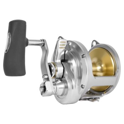 Shimano Talica 50IIA 2-Speed Lever Drag Conventional Reel with silver-colored body, gold-colored spool, black handle grip, labeled drag lever marked &ldquo;FULL,&rdquo; and dual-speed adjustment knob.