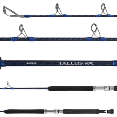 Shimano Tallus PX Casting Rod TLXC70XH - Black and blue X-patterned blank with metallic blue wrappings and dark gray-colored guides facing up. “SHIMANO” and “TALLUS PX” in white on black-blue branding section. Black grips with silver reel seat.