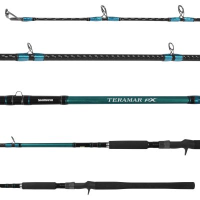 Shimano Teramar PX SE Casting Rod showing all sections of rod. black handle, black and gray reel seat, green and black blank and gray guides facing up with blue wrappings.