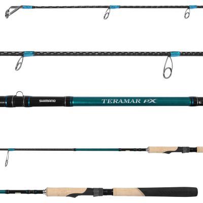 Shimano Teramar PX SE Spinning Rod showing all sections with black to gray color shift blank, dark gray guides facing down with blue wrapping, green branding section with "Teramar PX" and "SHIMANO", and cork brown and black handle.