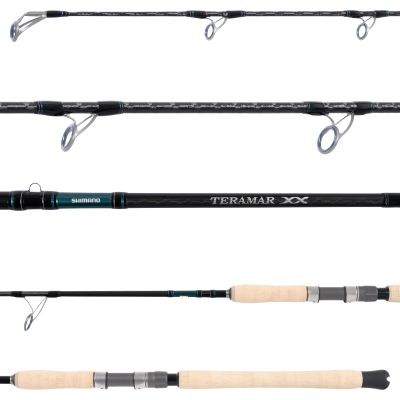 Shimano Teramar XX NE Spinning Rod - TXNS70H - Black rod with blue and silver colored guides, and “TERAMAR XX” and “SHIMANO” branding on patterned blank. Cork handle with gray reel seat and silver-colored lock ring, with a black gimbal.